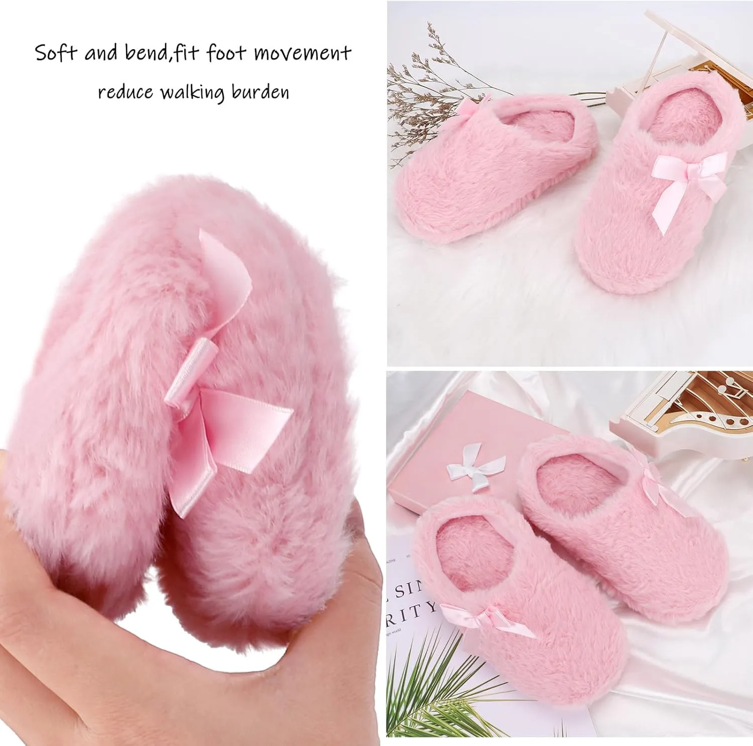Orthoshoes Girls Fluffy Slippers,Faux Fur Fuzzy Slip-on House Slippers Clog Memory Foam House Shoes with Ribbon Bow for Girls Bedroom Indoor