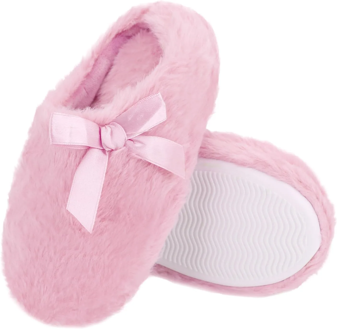 Orthoshoes Girls Fluffy Slippers,Faux Fur Fuzzy Slip-on House Slippers Clog Memory Foam House Shoes with Ribbon Bow for Girls Bedroom Indoor