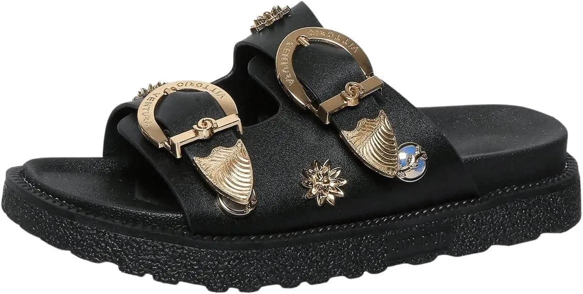 OYOANGLE Women's Studded Double Buckle Strap Footbed Sandals Fashion Platform Slip on Slides Sandals