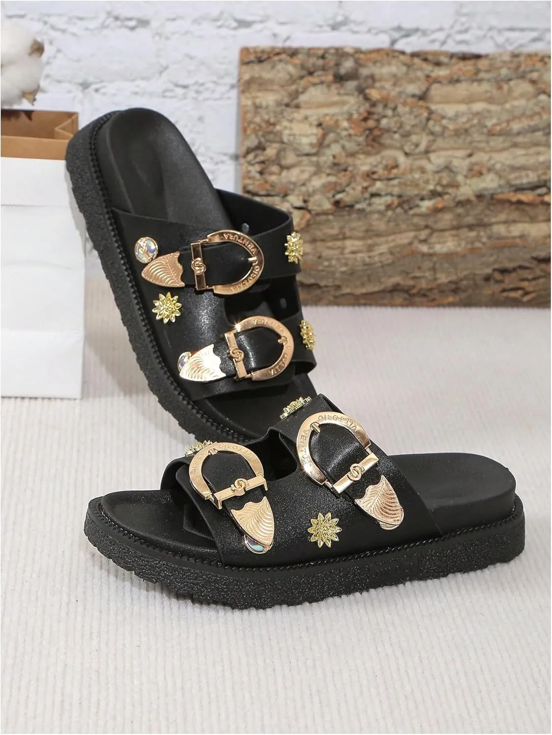 OYOANGLE Women's Studded Double Buckle Strap Footbed Sandals Fashion Platform Slip on Slides Sandals