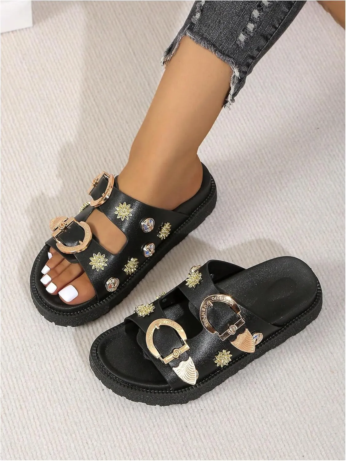 OYOANGLE Women's Studded Double Buckle Strap Footbed Sandals Fashion Platform Slip on Slides Sandals