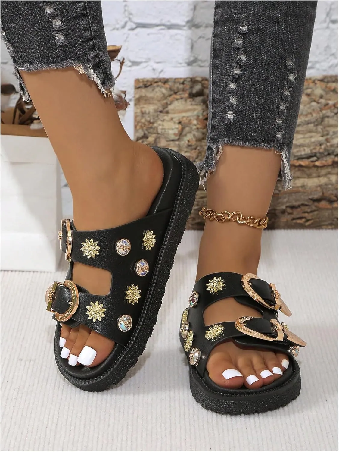 OYOANGLE Women's Studded Double Buckle Strap Footbed Sandals Fashion Platform Slip on Slides Sandals