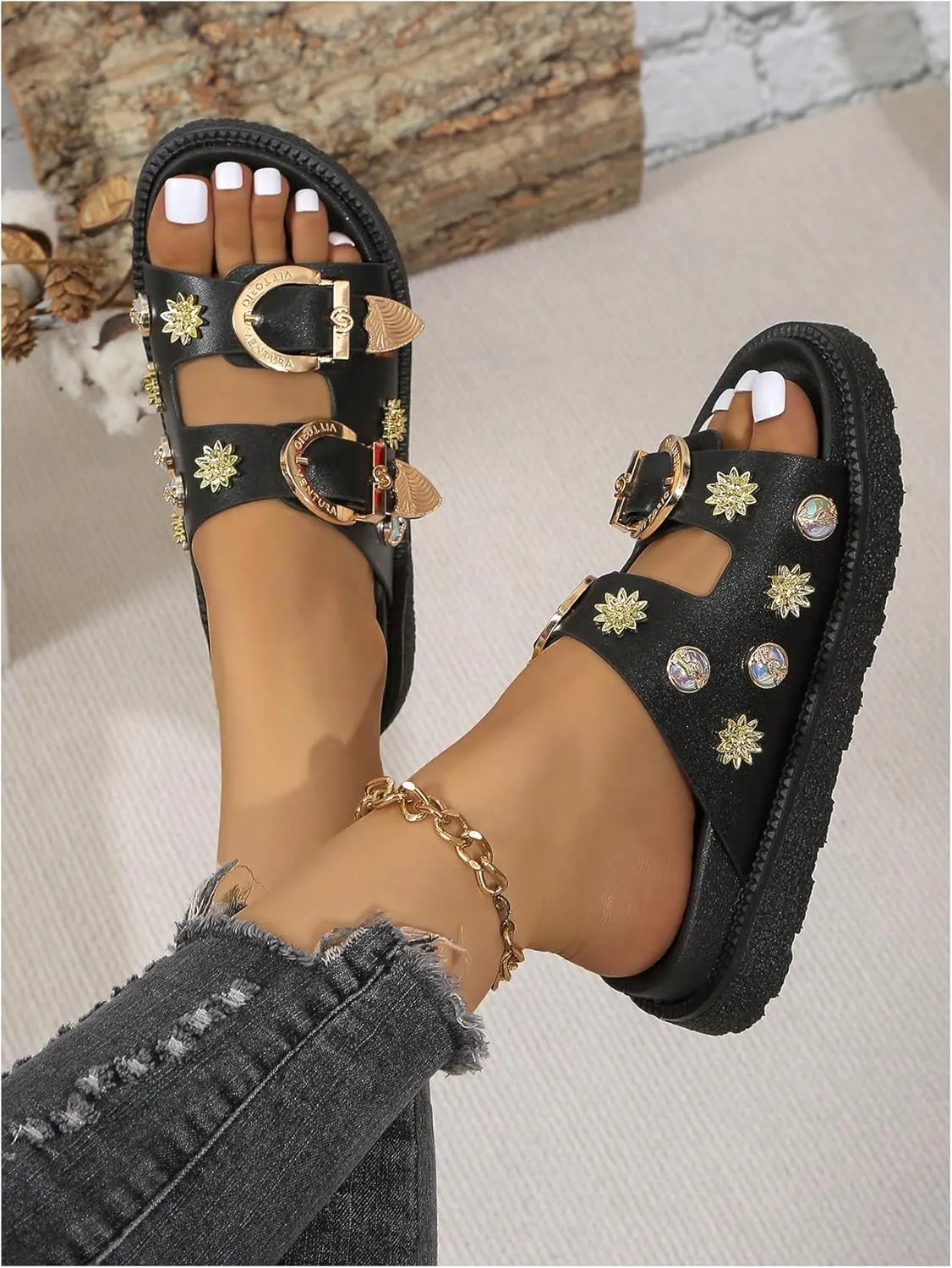 OYOANGLE Women's Studded Double Buckle Strap Footbed Sandals Fashion Platform Slip on Slides Sandals