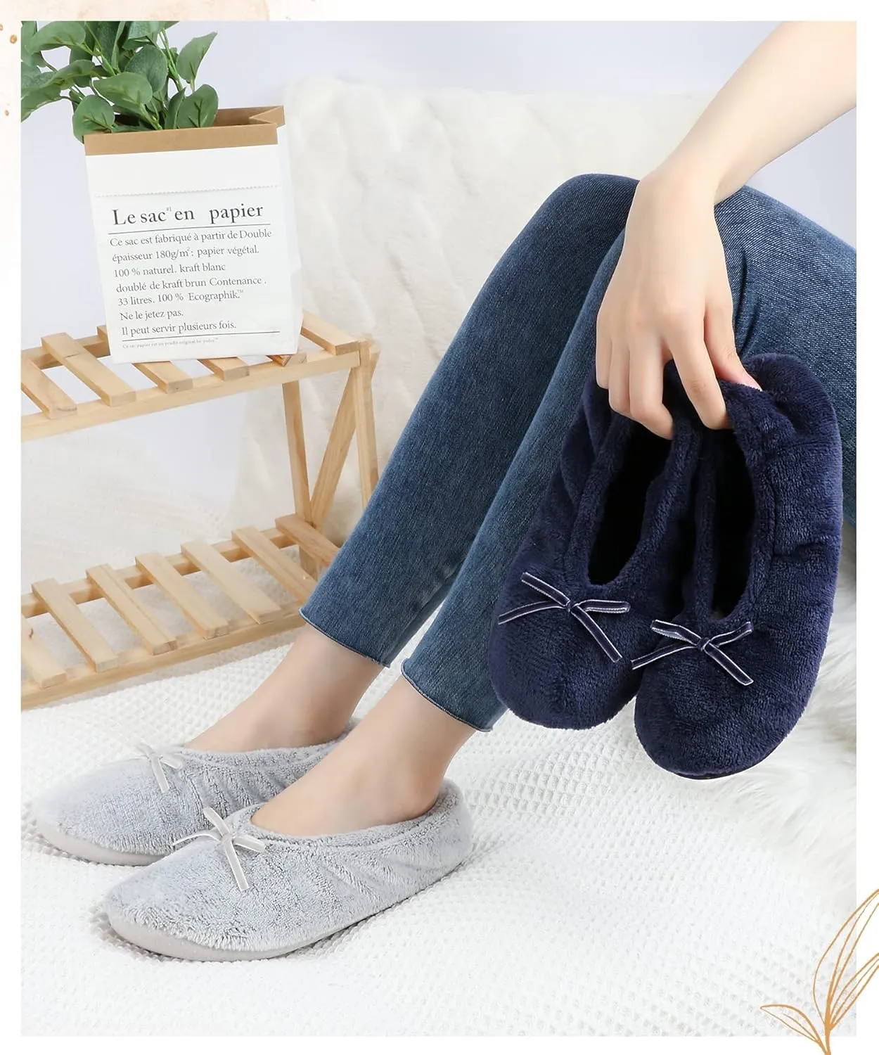 Panda Bros 2 Pairs Women's Ballerina House Slippers, Anti-Skid Comfy Warm Ballet Style Slippers
