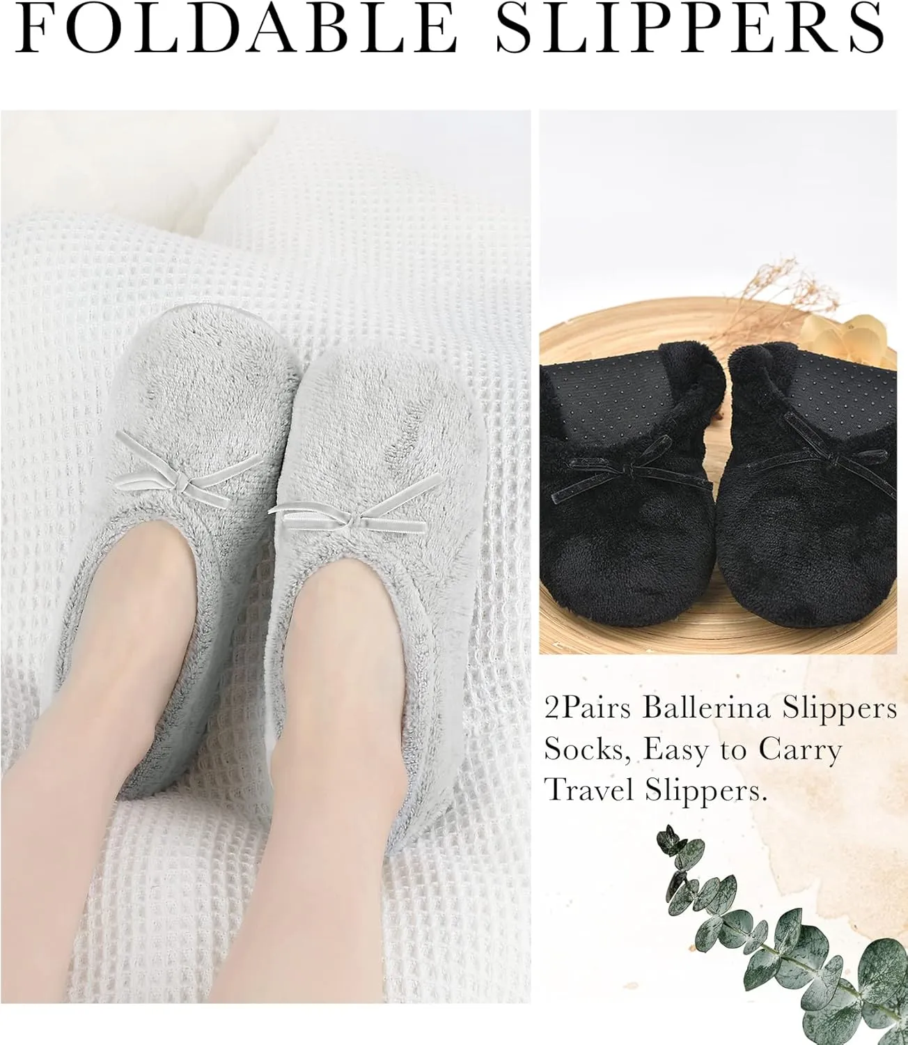 Panda Bros 2 Pairs Women's Ballerina House Slippers, Anti-Skid Comfy Warm Ballet Style Slippers