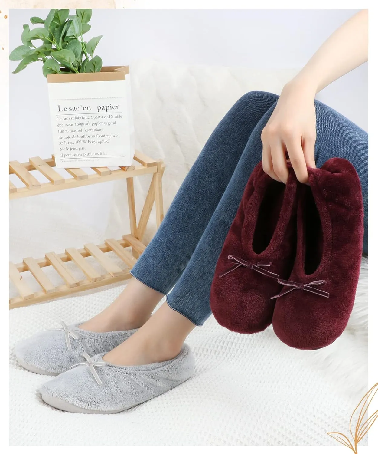 Panda Bros 2 Pairs Women's Ballerina House Slippers, Anti-Skid Comfy Warm Ballet Style Slippers