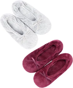 Panda Bros 2 Pairs Women's Ballerina House Slippers, Anti-Skid Comfy Warm Ballet Style Slippers