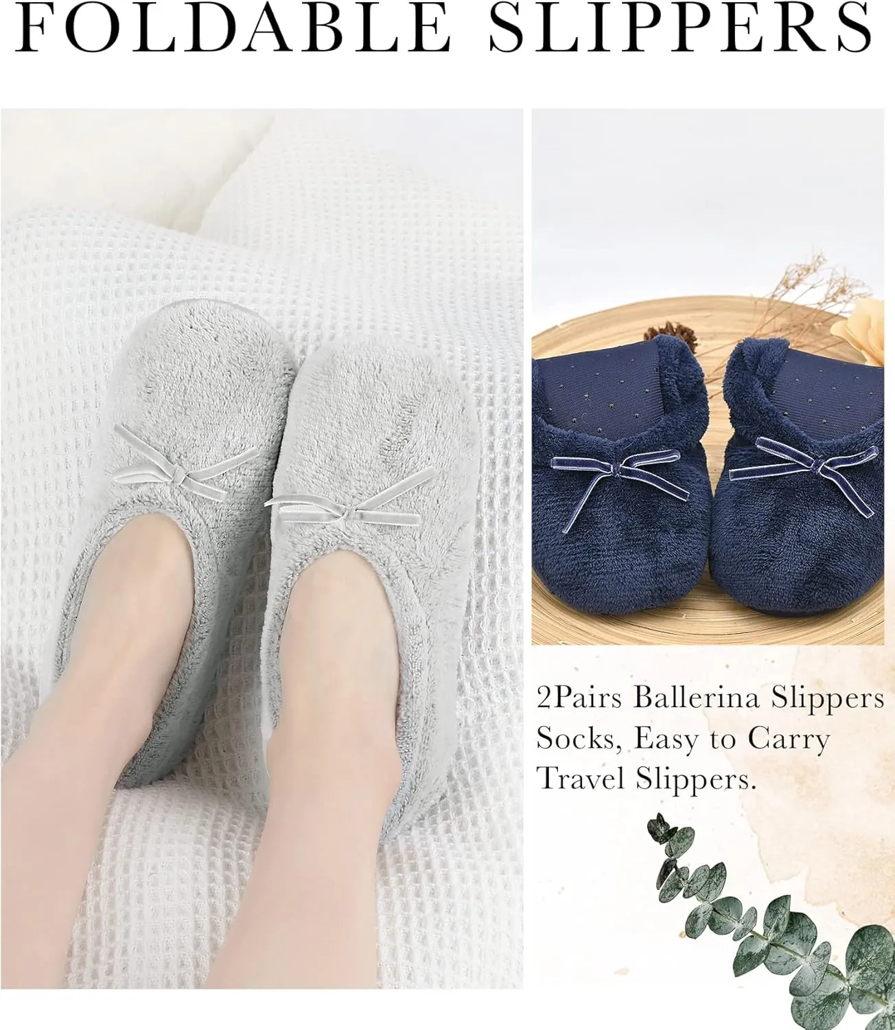 Panda Bros 2 Pairs Women's Ballerina House Slippers, Anti-Skid Comfy Warm Ballet Style Slippers