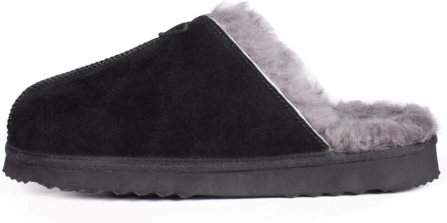 Parfeying Men's Sheepskin Shearling Slippers, Anti-slip Rubber Sole Indoor Outdoor Cow Suede Leather Slip on Slippers for Men