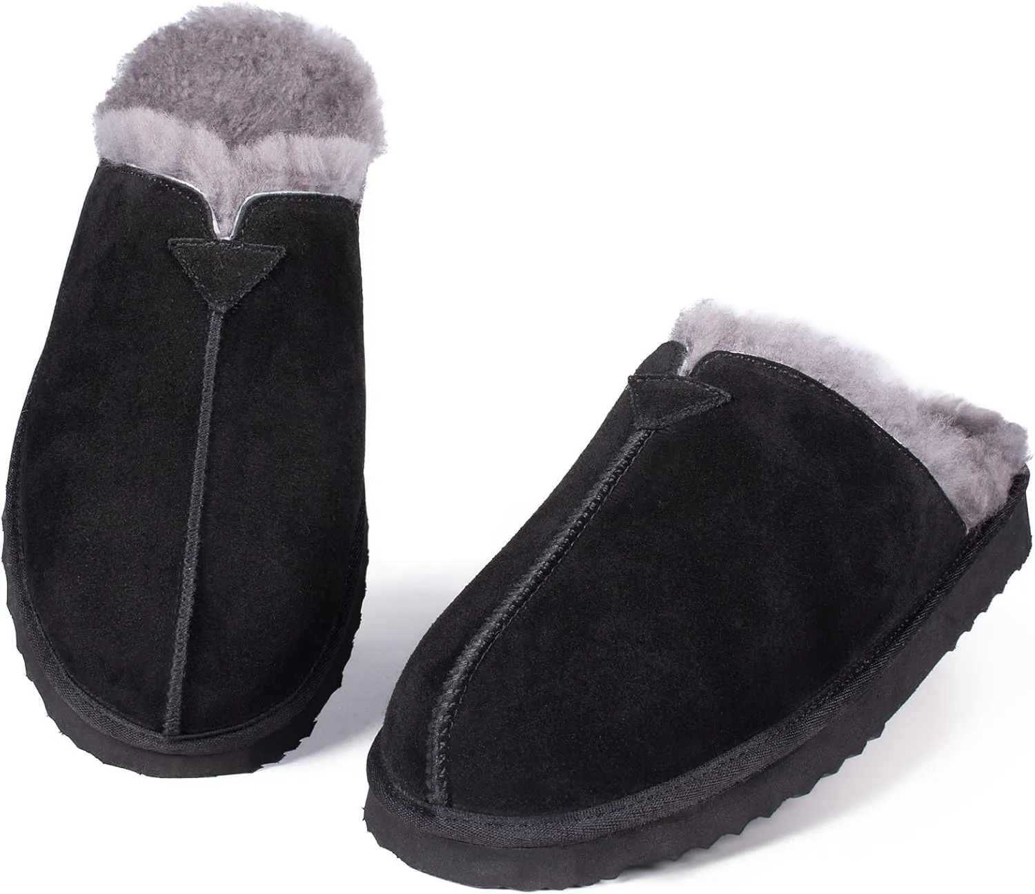 Parfeying Men's Sheepskin Shearling Slippers, Anti-slip Rubber Sole Indoor Outdoor Cow Suede Leather Slip on Slippers for Men