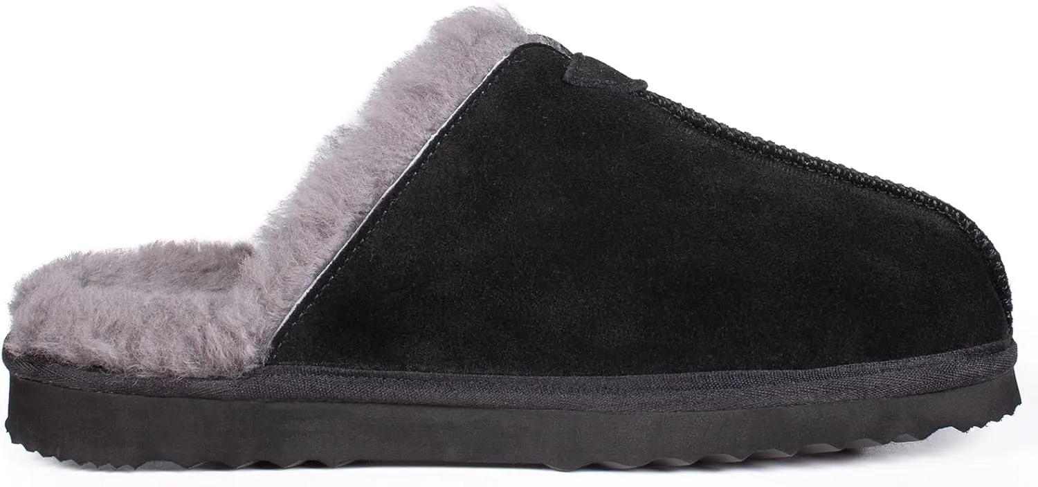Parfeying Men's Sheepskin Shearling Slippers, Anti-slip Rubber Sole Indoor Outdoor Cow Suede Leather Slip on Slippers for Men