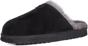 Parfeying Men's Sheepskin Shearling Slippers, Anti-slip Rubber Sole Indoor Outdoor Cow Suede Leather Slip on Slippers for Men