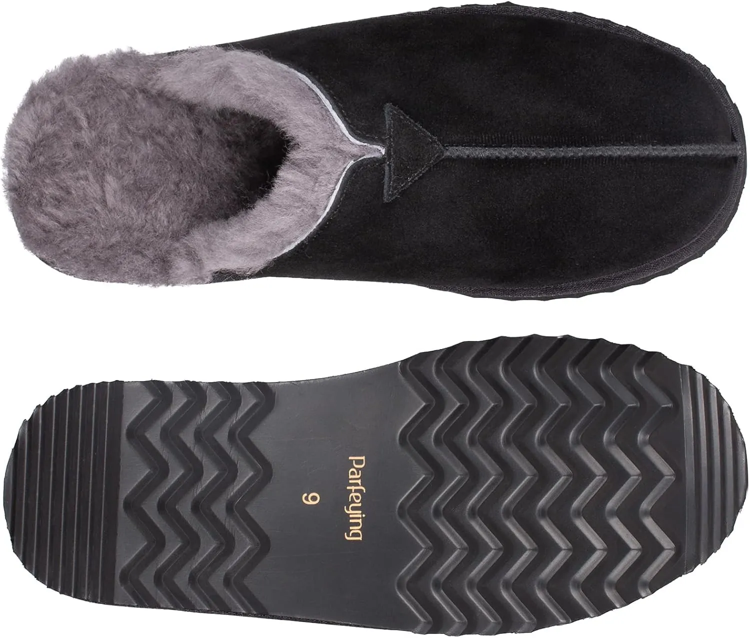 Parfeying Men's Sheepskin Shearling Slippers, Anti-slip Rubber Sole Indoor Outdoor Cow Suede Leather Slip on Slippers for Men