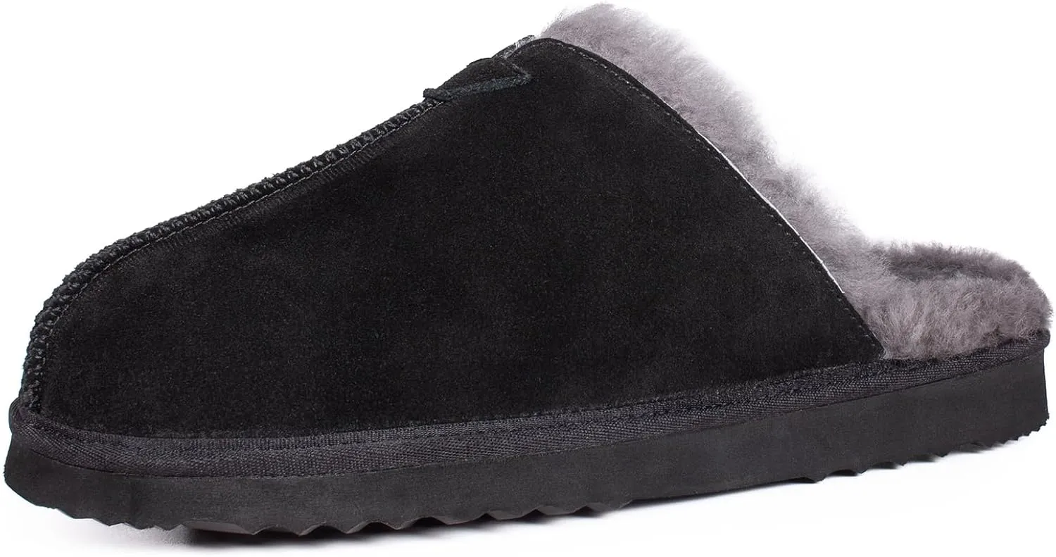 Parfeying Men's Sheepskin Shearling Slippers, Anti-slip Rubber Sole Indoor Outdoor Cow Suede Leather Slip on Slippers for Men
