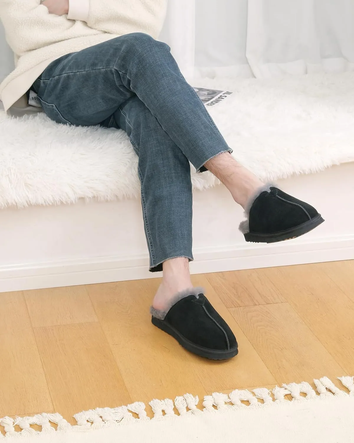 Parfeying Men's Sheepskin Shearling Slippers, Anti-slip Rubber Sole Indoor Outdoor Cow Suede Leather Slip on Slippers for Men