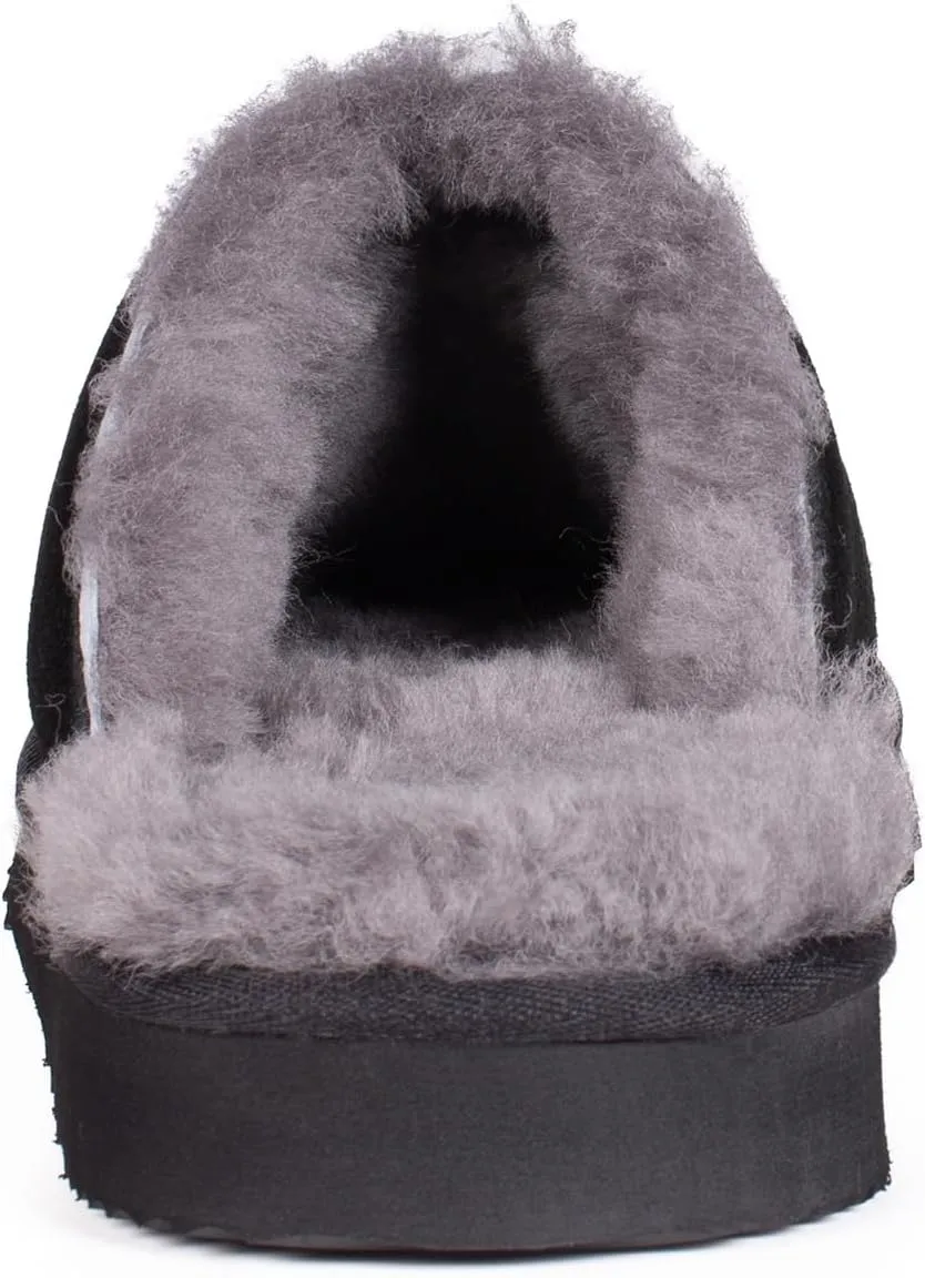 Parfeying Men's Sheepskin Shearling Slippers, Anti-slip Rubber Sole Indoor Outdoor Cow Suede Leather Slip on Slippers for Men