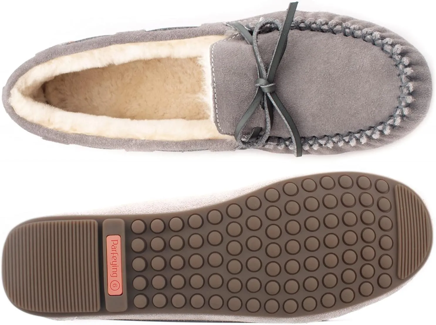 Parfeying Women's Sheepskin Moccasins Cow Suede Memory Foam Slippers Indoor Outdoor Shearling Winter Shoes