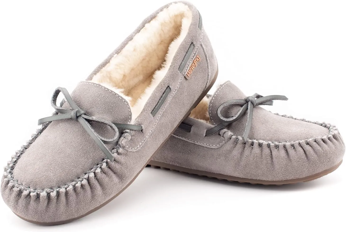 Parfeying Women's Sheepskin Moccasins Cow Suede Memory Foam Slippers Indoor Outdoor Shearling Winter Shoes