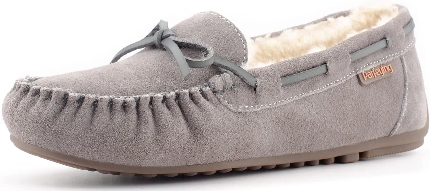 Parfeying Women's Sheepskin Moccasins Cow Suede Memory Foam Slippers Indoor Outdoor Shearling Winter Shoes