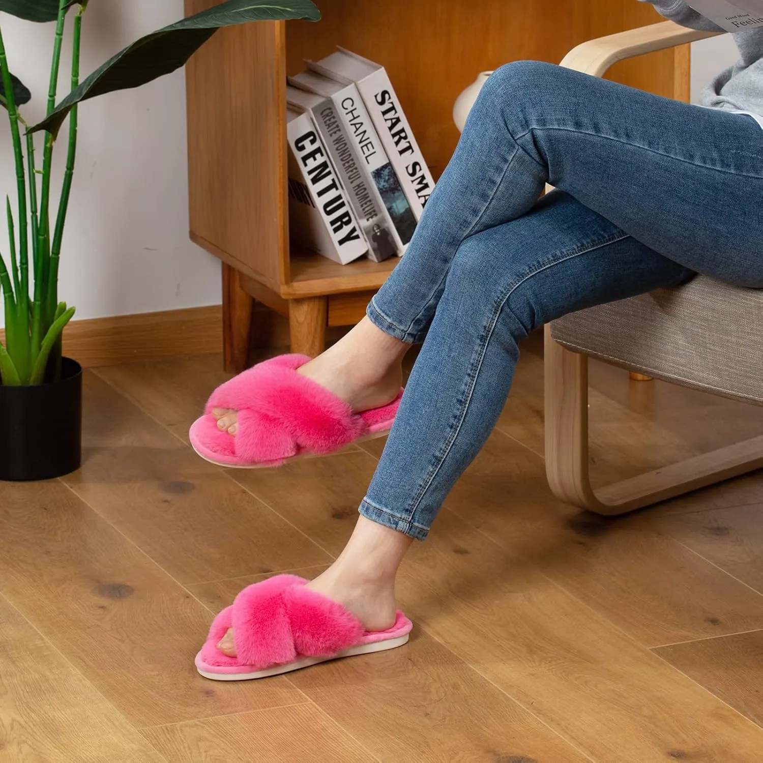 Parlovable Women's Fuzzy Slippers Comfy Cross Band House Shoes Memory Foam Open Toe Indoor Gifts for Ladies