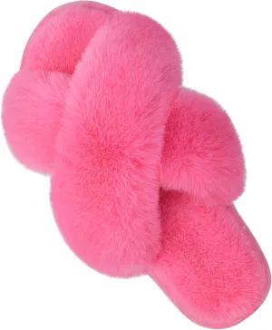 Parlovable Women's Fuzzy Slippers Comfy Cross Band House Shoes Memory Foam Open Toe Indoor Gifts for Ladies