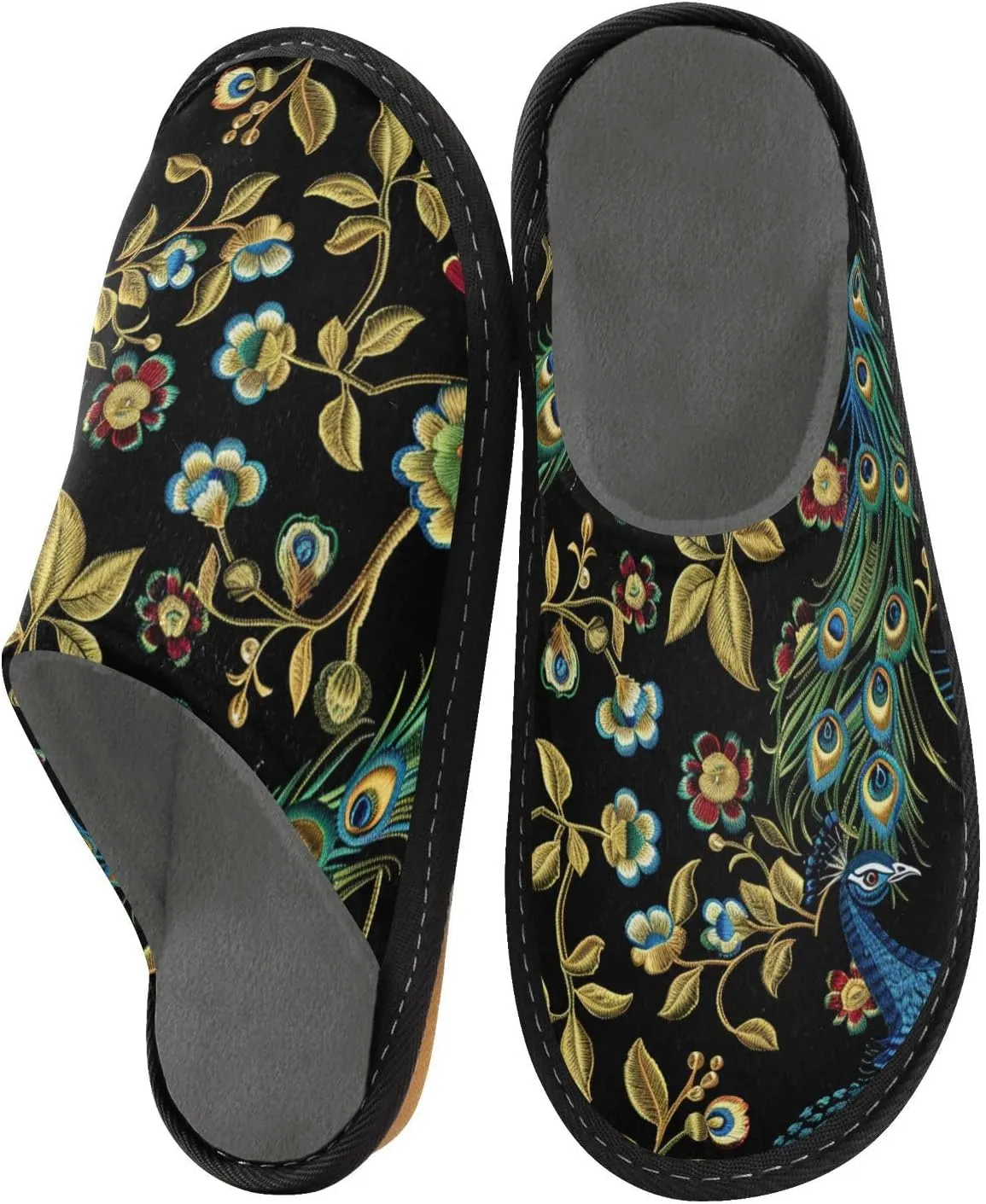 Peacocks Golden Leaves House Slippers for Women Men Non-Slip Scuff Slipper