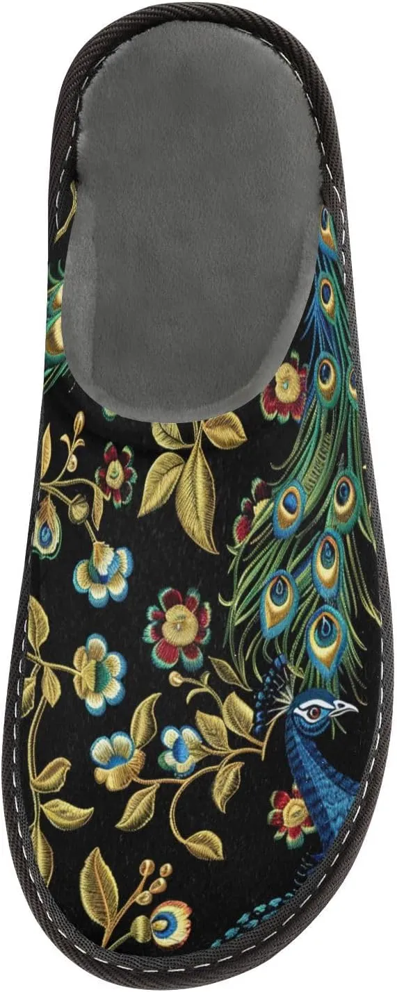 Peacocks Golden Leaves House Slippers for Women Men Non-Slip Scuff Slipper