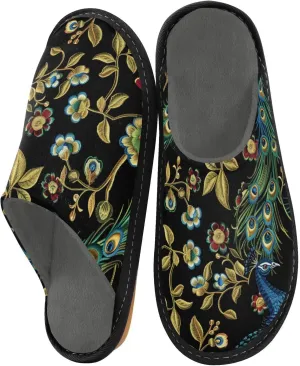 Peacocks Golden Leaves House Slippers for Women Men Non-Slip Scuff Slipper