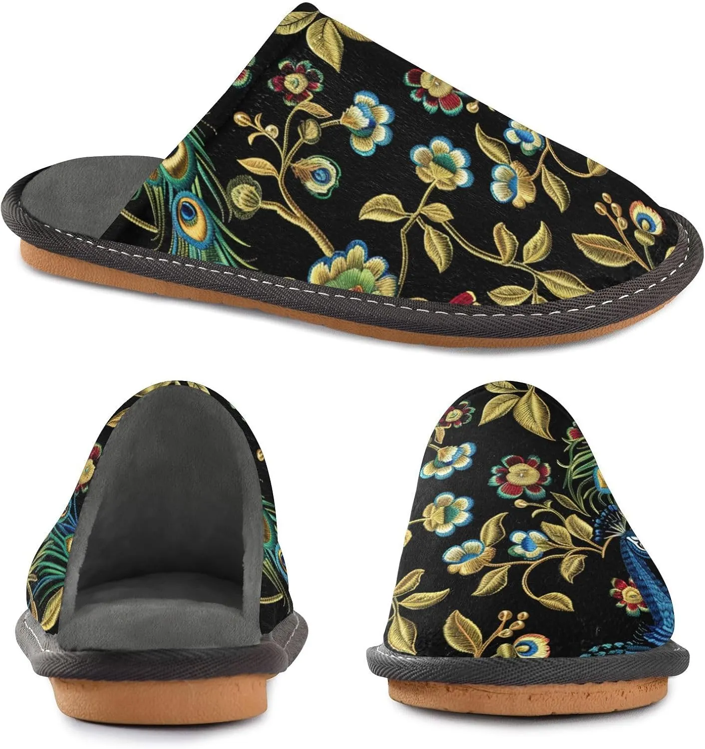 Peacocks Golden Leaves House Slippers for Women Men Non-Slip Scuff Slipper