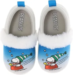 Peanuts Slippers for Toddlers, Fur-Trimmed A-Line Holiday Slipper Snoopy & Woodstock, Blue/Grey