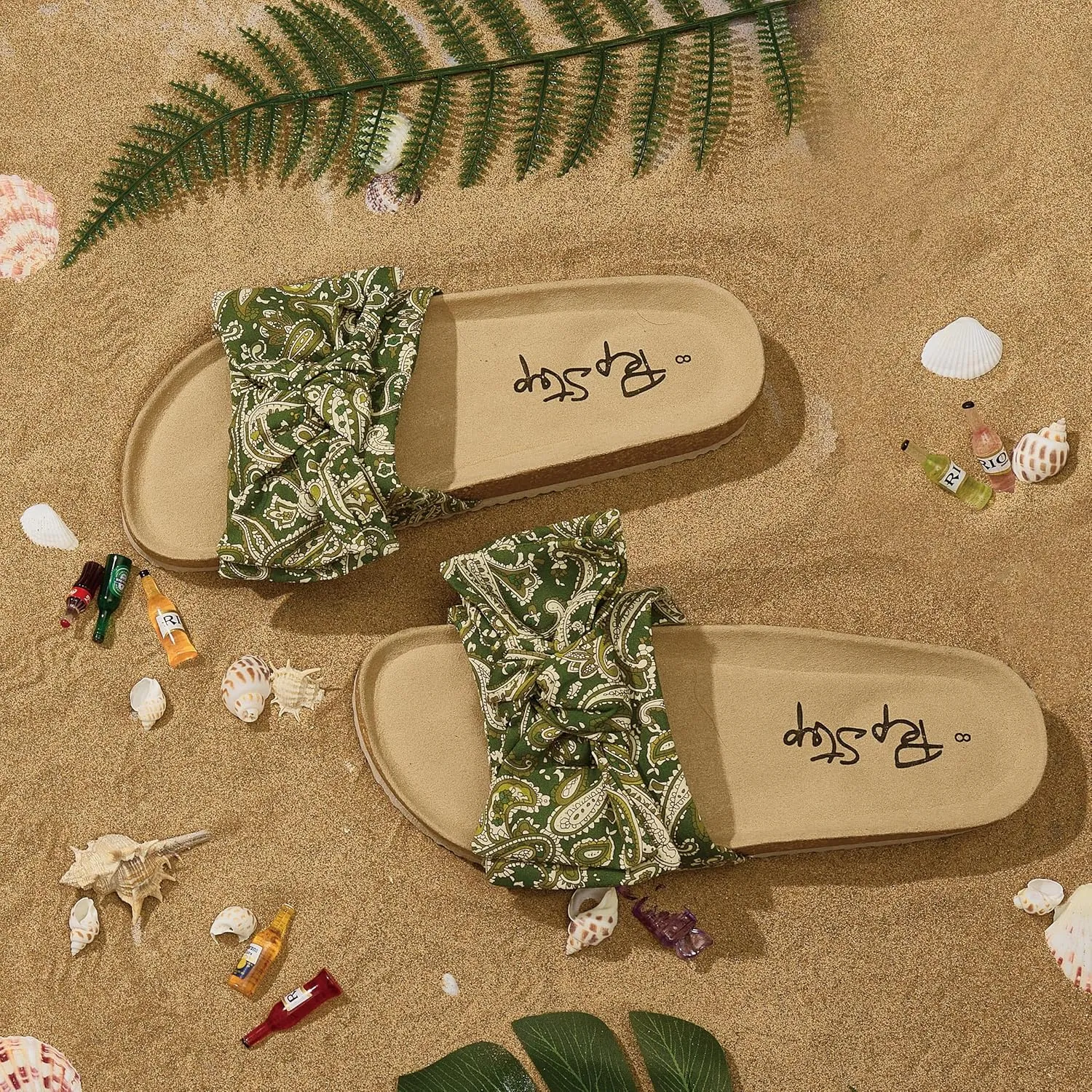 PepStep Slide Sandals for Women or Ladies Dressy Summer Casual, Cute Bow Tie Knot On Top Strap, Comfy Slip On Cork Foot Bed