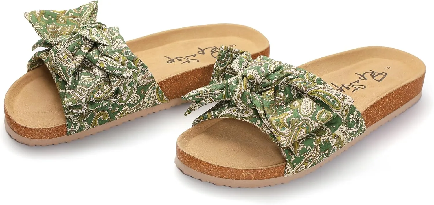 PepStep Slide Sandals for Women or Ladies Dressy Summer Casual, Cute Bow Tie Knot On Top Strap, Comfy Slip On Cork Foot Bed