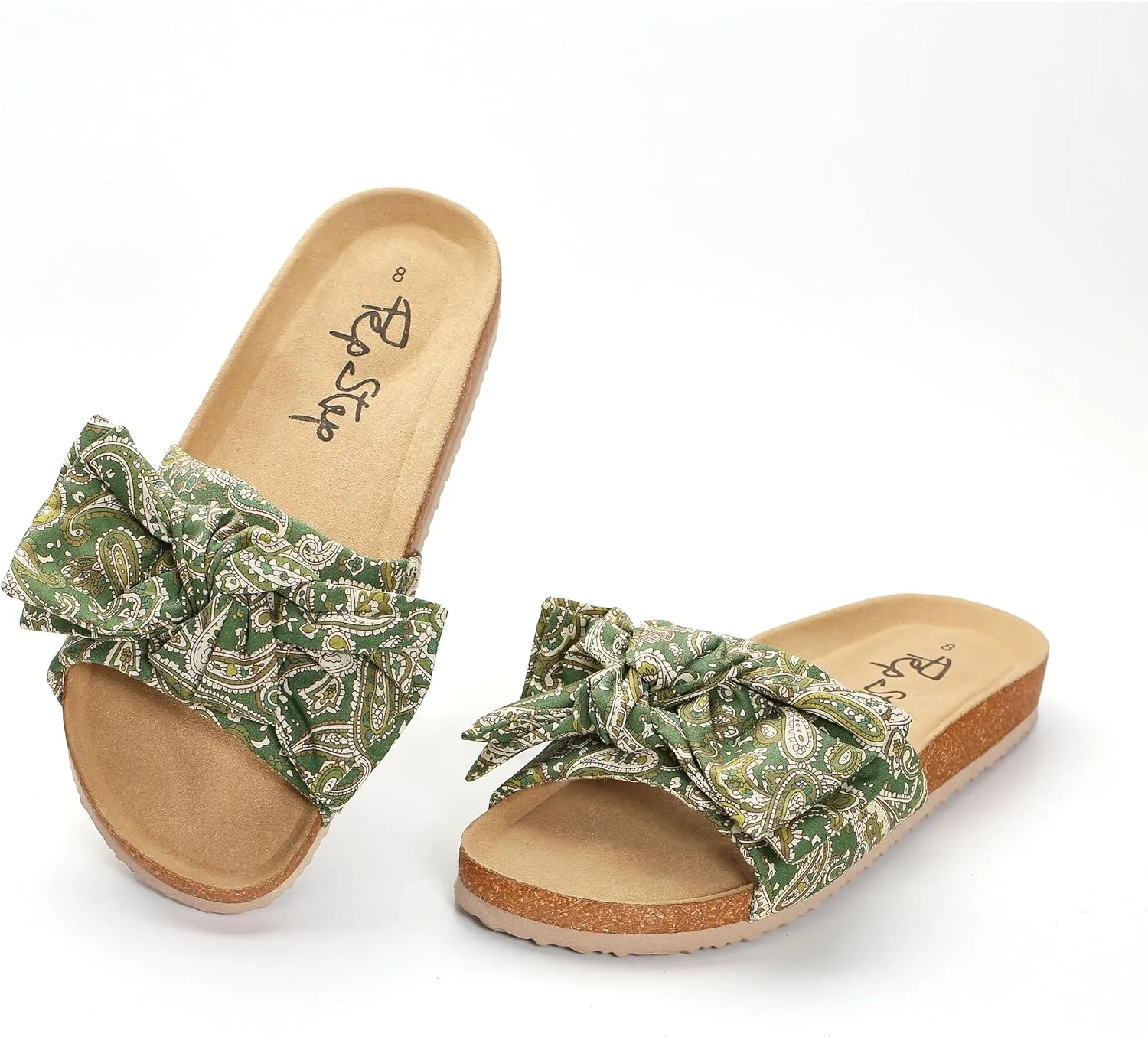 PepStep Slide Sandals for Women or Ladies Dressy Summer Casual, Cute Bow Tie Knot On Top Strap, Comfy Slip On Cork Foot Bed