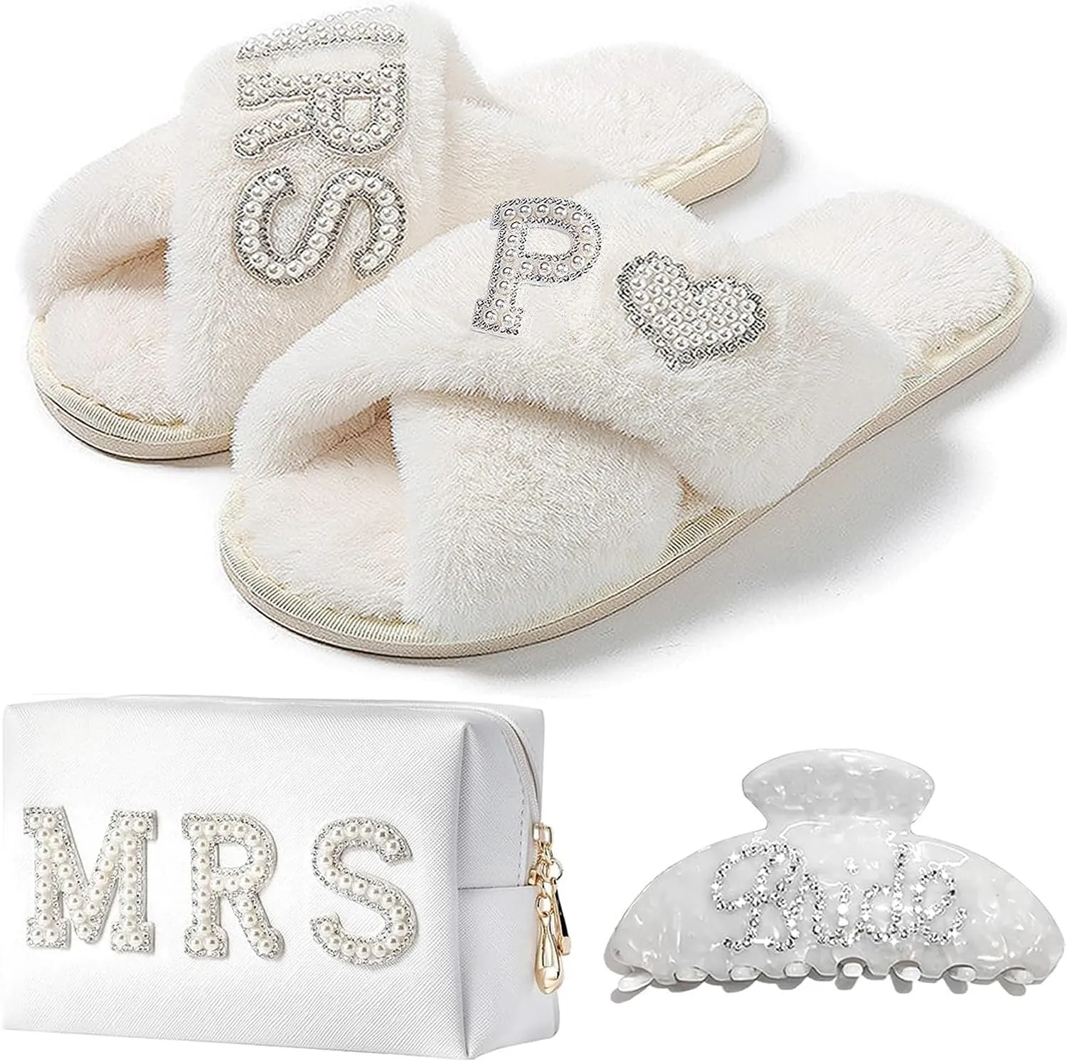 Personalized Initial Bridal Shower Gifts Box Set, Bride Slippers MRS Cosmetic Bag Bride Hair Clip Wedding Gifts for Bride, Bride to be Gifts bachelorette gifts