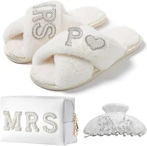 Personalized Initial Bridal Shower Gifts Box Set, Bride Slippers MRS Cosmetic Bag Bride Hair Clip Wedding Gifts for Bride, Bride to be Gifts bachelorette gifts