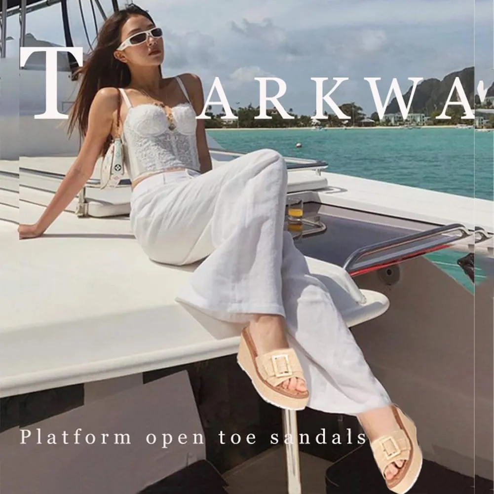 Platform Espadrille Wedge Sandals for Women Slip On Slides Comfortable Big Buckle Sandals Open Toe Beach Dress Sandal