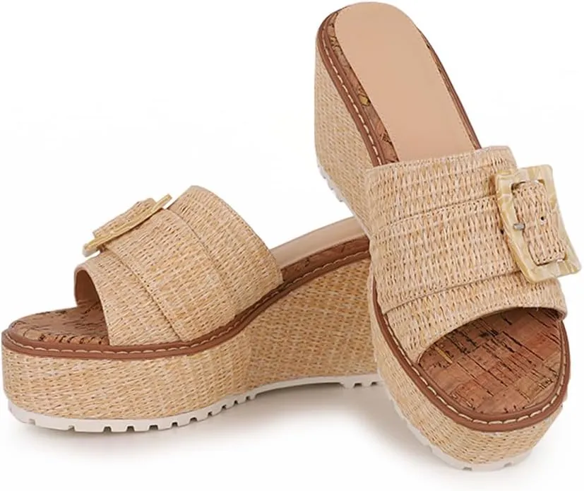 Platform Espadrille Wedge Sandals for Women Slip On Slides Comfortable Big Buckle Sandals Open Toe Beach Dress Sandal