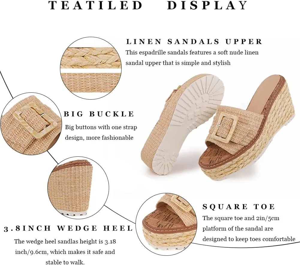 Platform Espadrille Wedge Sandals for Women Slip On Slides Comfortable Big Buckle Sandals Open Toe Beach Dress Sandal