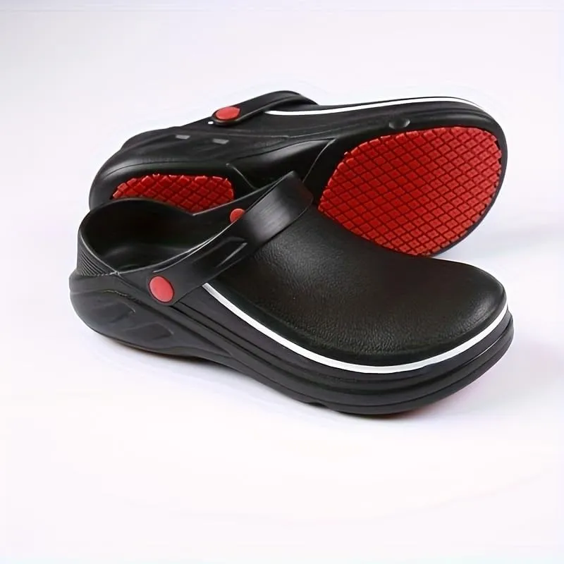 Plus Size Men's Solid Slip on Oil Proof Hollow Out Chef Shoes, Comfy Non Slip Casual Safety Clogs for Men's Outdoor Activities