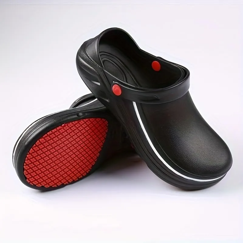 Plus Size Men's Solid Slip on Oil Proof Hollow Out Chef Shoes, Comfy Non Slip Casual Safety Clogs for Men's Outdoor Activities