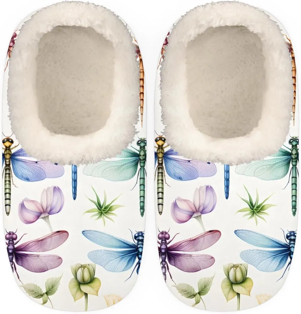 QsirBC Dragonfly Flower Leaves Slippers for Women Men Soft Memory Foam Slippers Non-Slip Soles Indoor Outdoor Cozy Fuzzy Warm Slippers