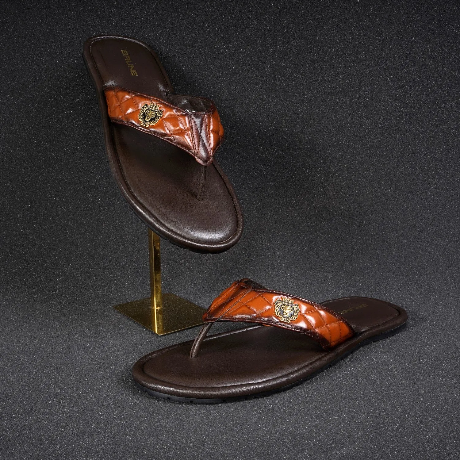 Quilted V-Strap Slippers with Padded Base in Tan Leather