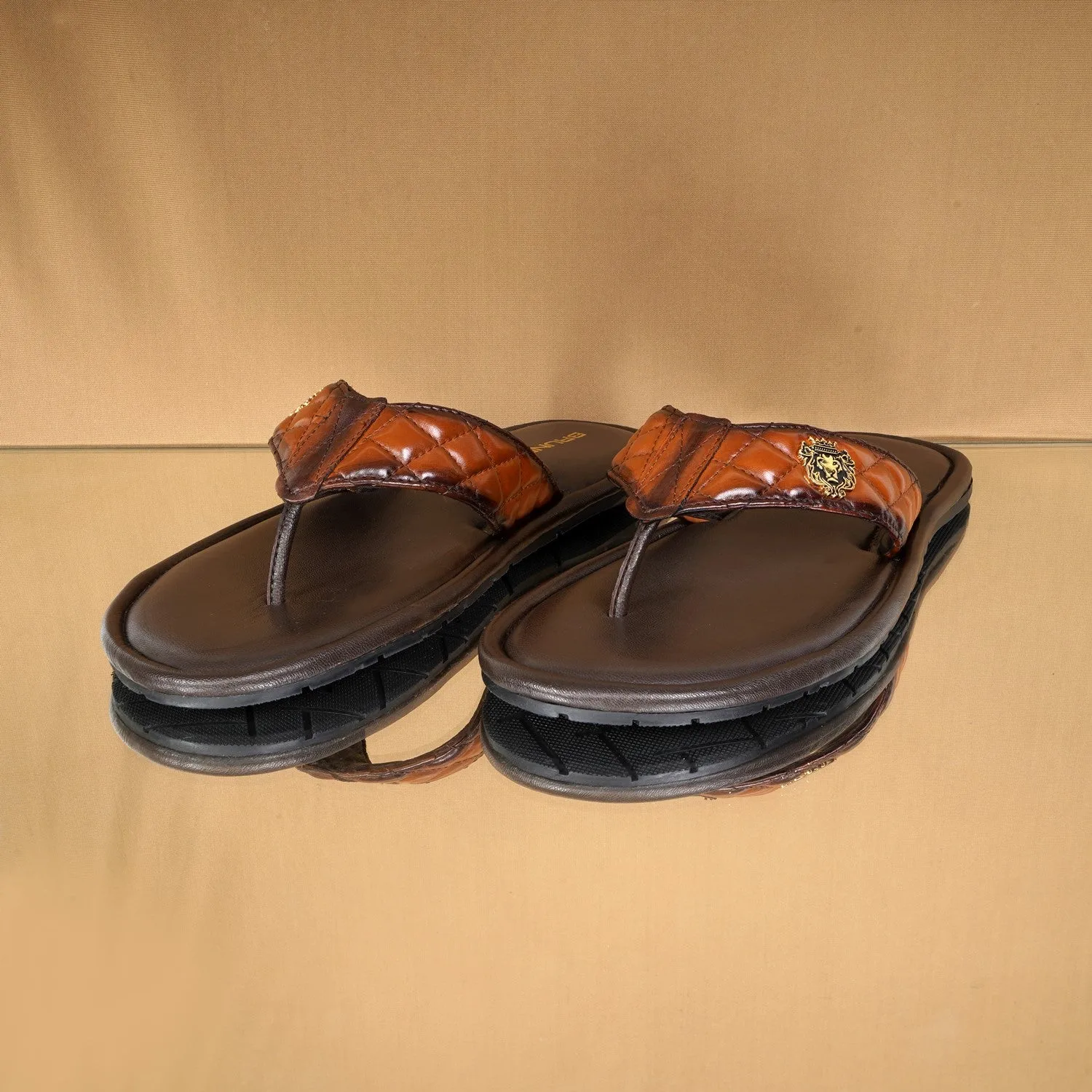 Quilted V-Strap Slippers with Padded Base in Tan Leather