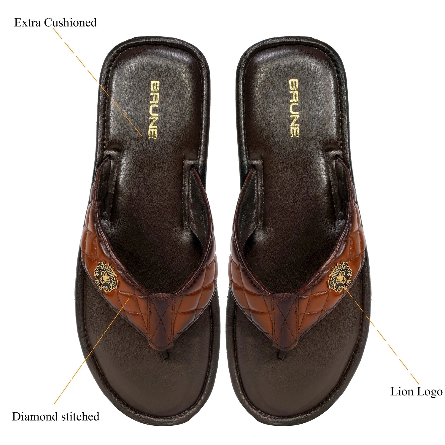 Quilted V-Strap Slippers with Padded Base in Tan Leather