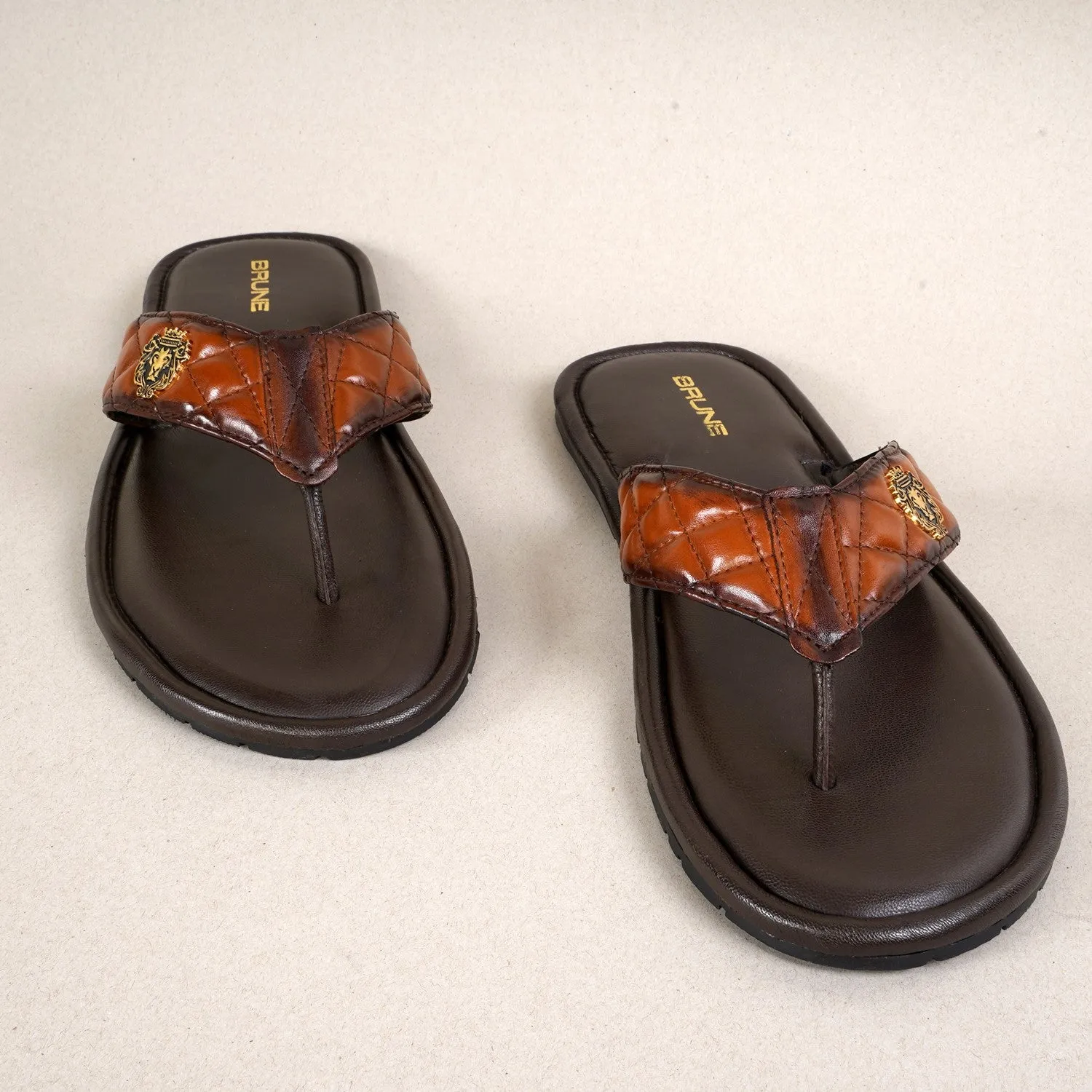 Quilted V-Strap Slippers with Padded Base in Tan Leather