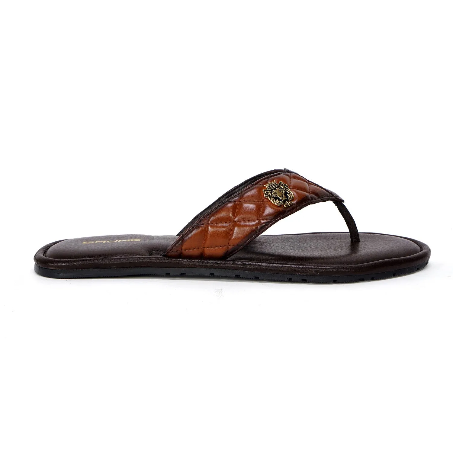 Quilted V-Strap Slippers with Padded Base in Tan Leather