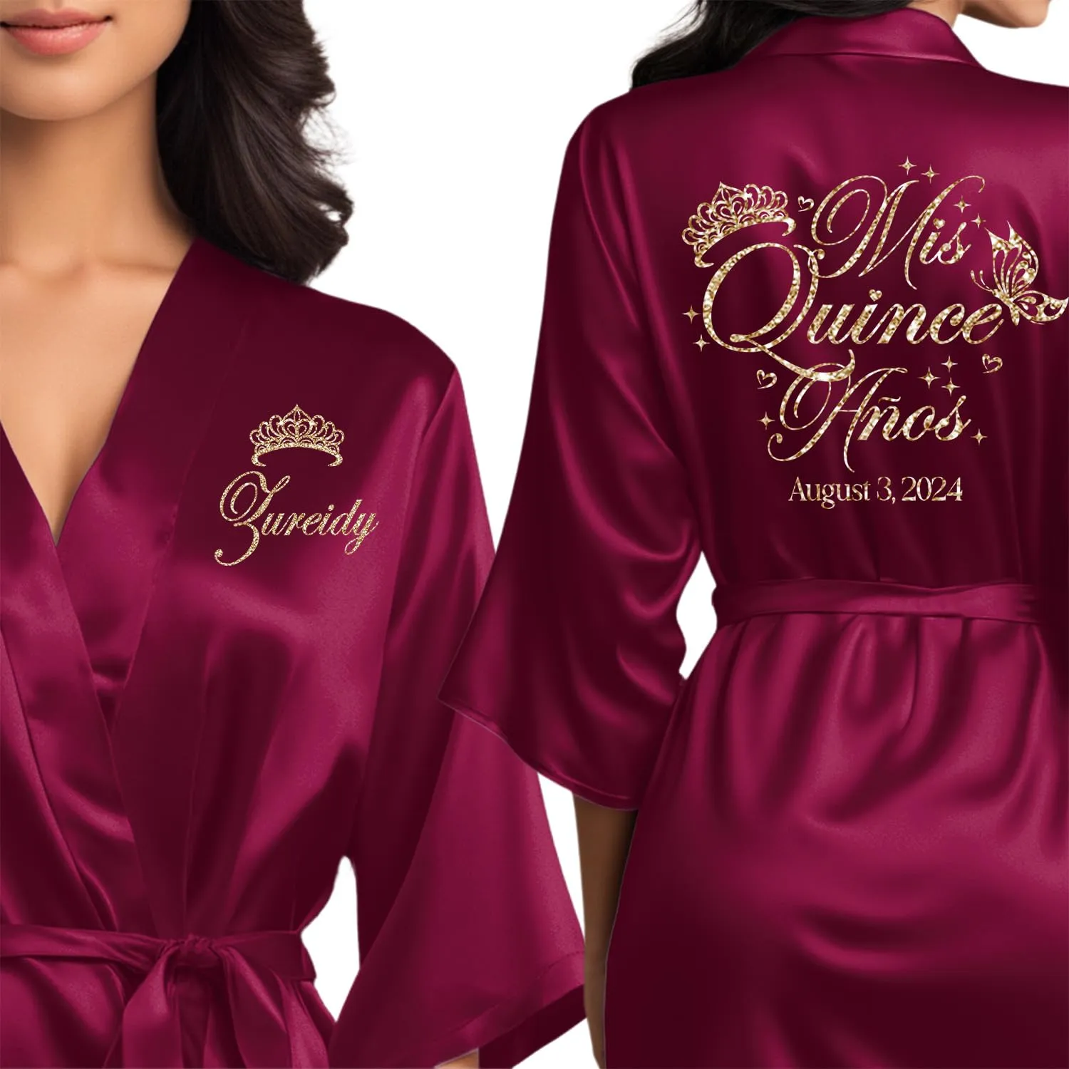 Quinceanera Robes and Slippers Set for Mis XV Anos and the Entire Quince Squad, Robes for Mama de la Quince, Abuela, Hermana and More, A Great Bundled Quinceanera Gift, Wine/Burgundy S/M