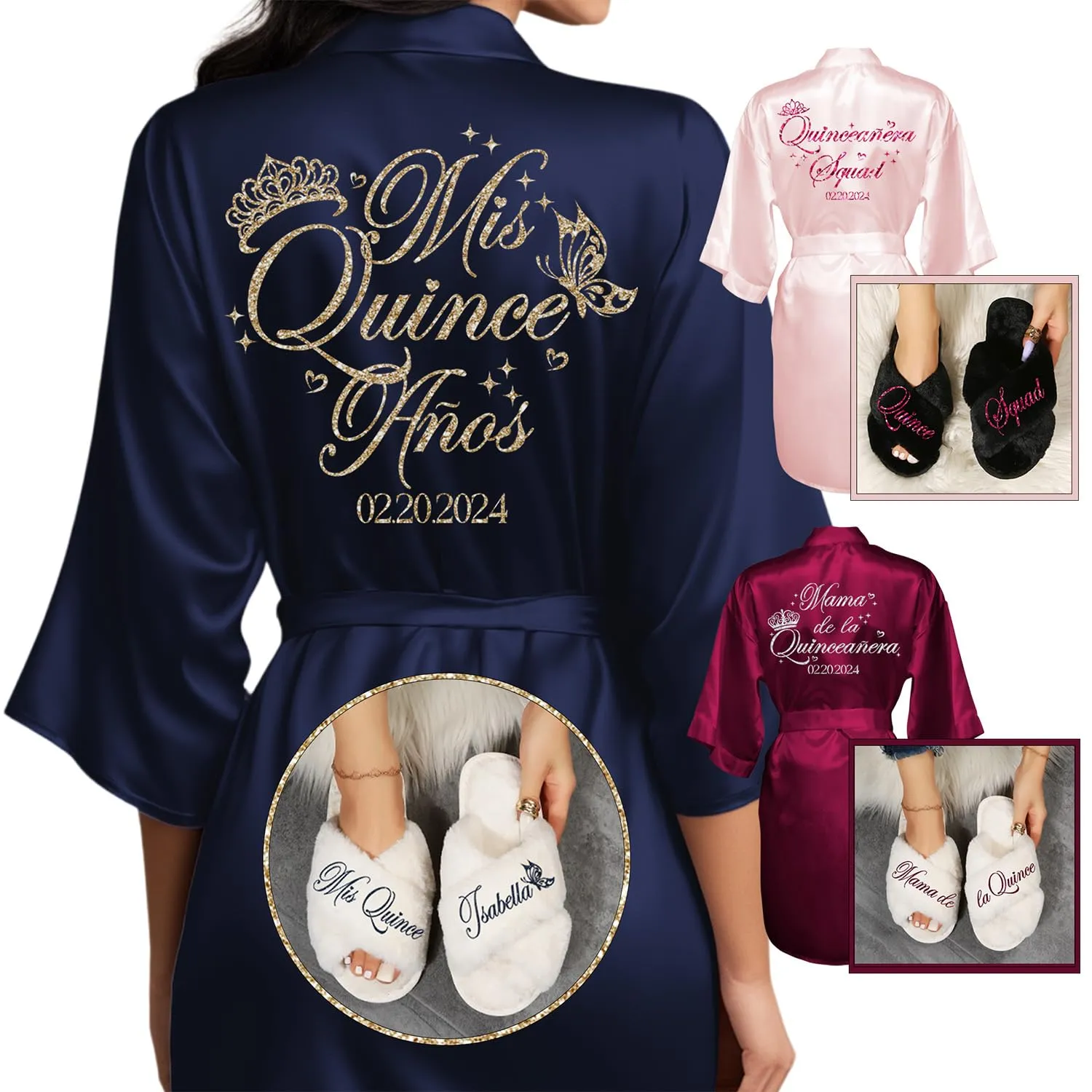 Quinceanera Robes and Slippers Set for Mis XV Anos and the Entire Quince Squad, Robes for Mama de la Quince, Abuela, Hermana and More, A Great Bundled Quinceanera Gift, Wine/Burgundy S/M