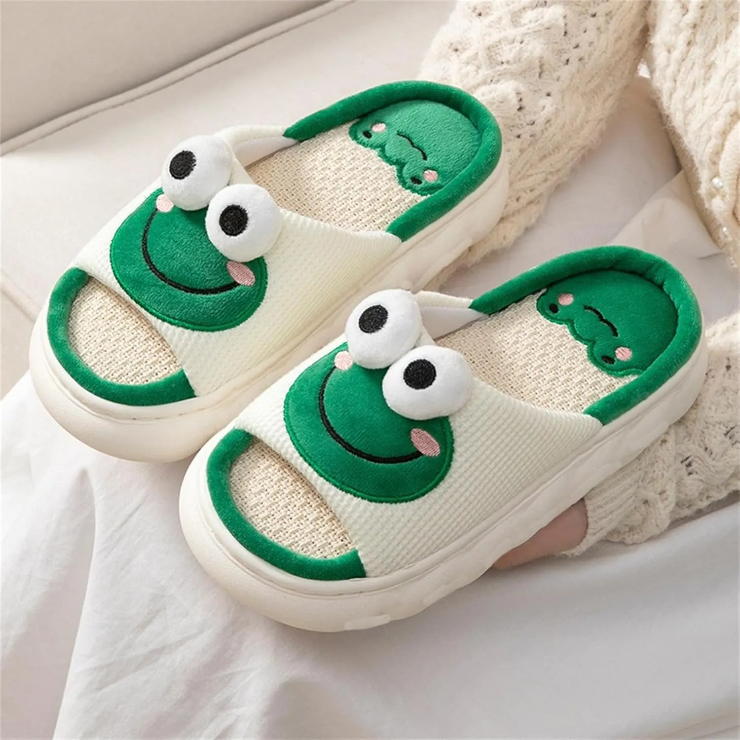 Rabbit And Bear Linen Slippers, Cute Animal Lace Slippers,Cotton Linen Couple's Home Shoes Indoor And Outdoor