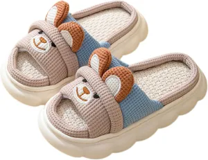 Rabbit And Bear Linen Slippers, Cute Animal Lace Slippers,Cotton Linen Couple's Home Shoes Indoor And Outdoor